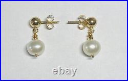 14 Karat Yellow Gold Ball with 7mm Freshwater Pearl Dangling Post Earrings