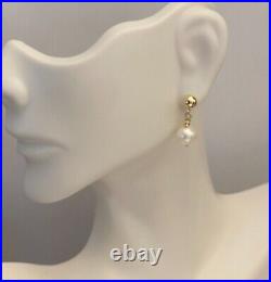14 Karat Yellow Gold Ball with 7mm Freshwater Pearl Dangling Post Earrings