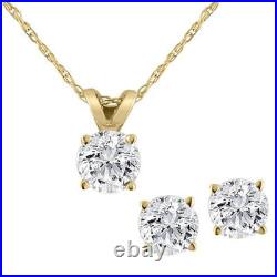 14K Yellow Gold 1.00 Ct Diamond Pendant and Earring Set with 18 Chain