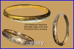 14K Yellow Gold Hawaiian Heirloom Floral Scroll Hinged Bracelet Bangle