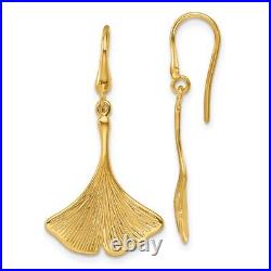 14k Yellow Gold Polished and Textured Large Textured Leaf Drop & Dangle Earrings