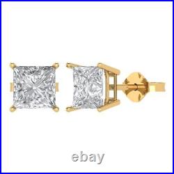 3 Princess Classic Earrings 14k Yellow Gold Push Back Real synthetic Moissanite