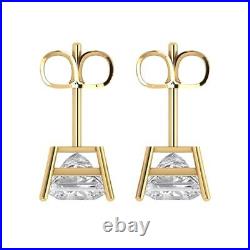 3 Princess Classic Earrings 14k Yellow Gold Push Back Real synthetic Moissanite