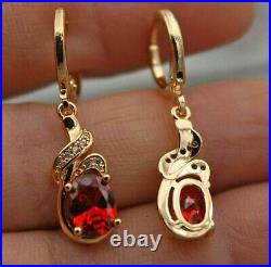 4Ct Oval Cut Simulated Red Garnet Drop Dangle Earrings 14K Yellow Gold Plated
