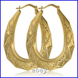 9ct Gold Hoop Earrings Oval Engraved U Shape Diam Patt Gypsy Victorian Gift Box