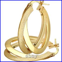 9ct Yellow Gold Double Twist Frosted Smooth Flat Hoop Women's Earrings Elegano