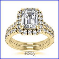 Halo Set 2.30 Carat Natural F VS Emerald Cut Diamond Engagement Ring Yellow Gold