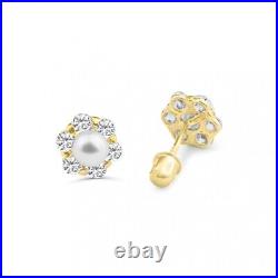 Luxury Chic 14 Karat Yellow Gold Center CZ Flower Center Pearl Stud Earrings
