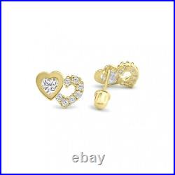 Luxury Chic Stylish 14 Karat Yellow Gold Two Hearts Clear Heart CZ Stud Earrings
