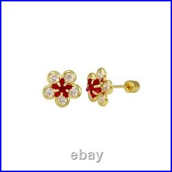 Luxury Classic Chic 14 Karat Yellow Gold Sunflower Clear Red CZ Stud Earrings